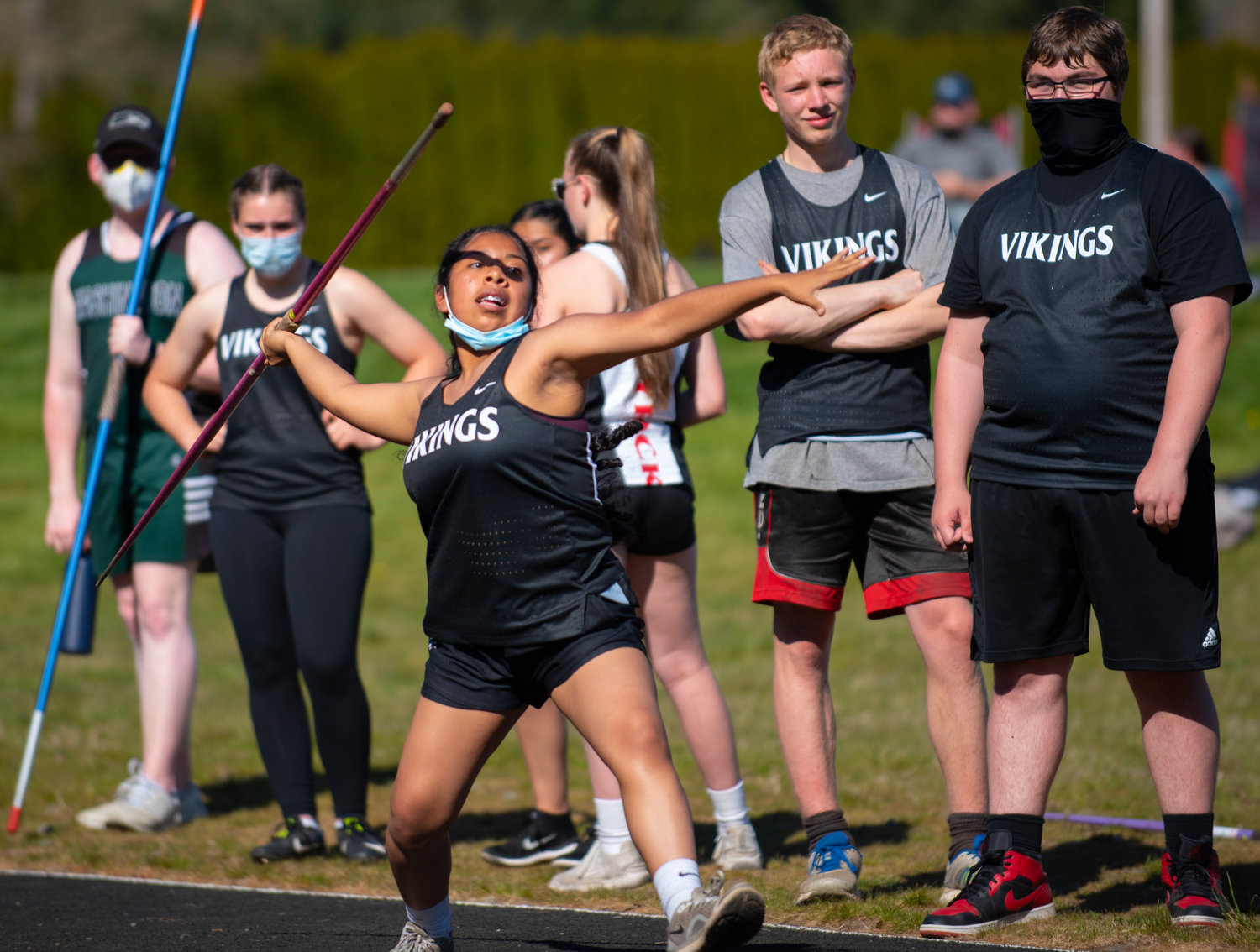 A Mossyrock girls tosses the javelin at a home meet on Thursday.