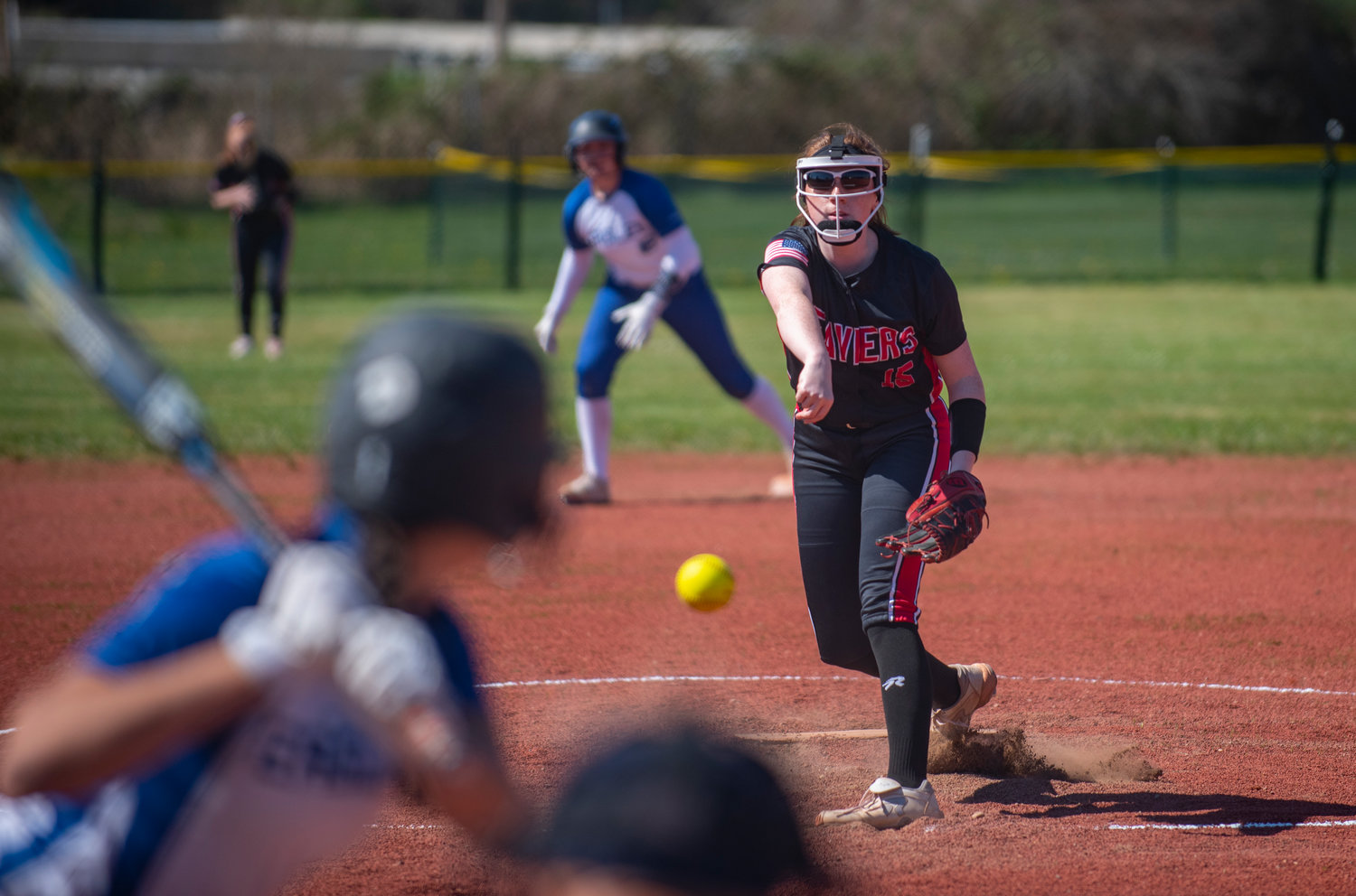 Tenino ace Emily Baxter whips a pitch to an Elma batter during Senior Night on Tuesday.