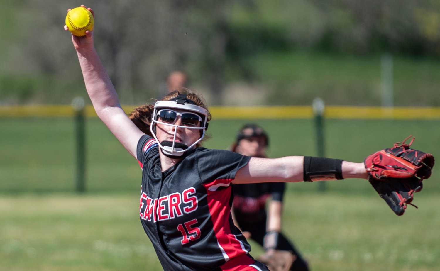 Tenino pitcher Emily Baxter winds up to deliver a pitch to an Elma batter on Tuesday.