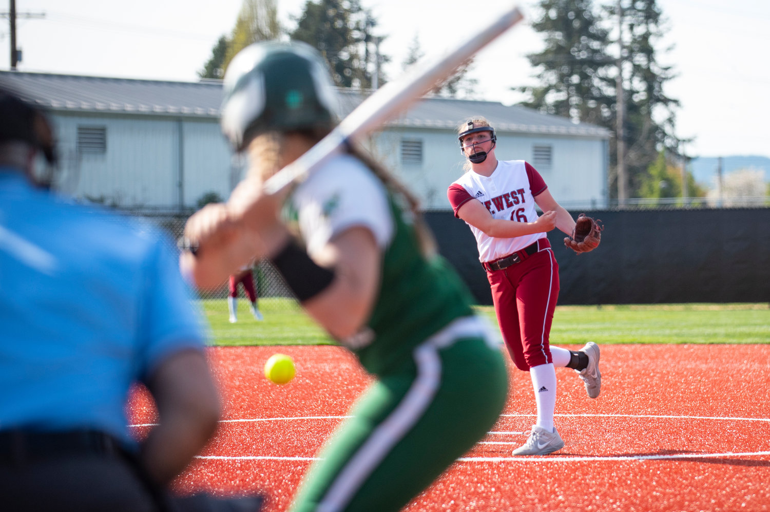 W.F. West junior ace Kamy Dacus delivers a pitch to a Tumwater batter on Wednesday at home.
