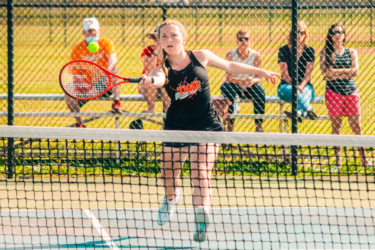 Centralia’s Serina Stehr returns a ball during a tennis match against Tumwater Wednesday afternoon.
