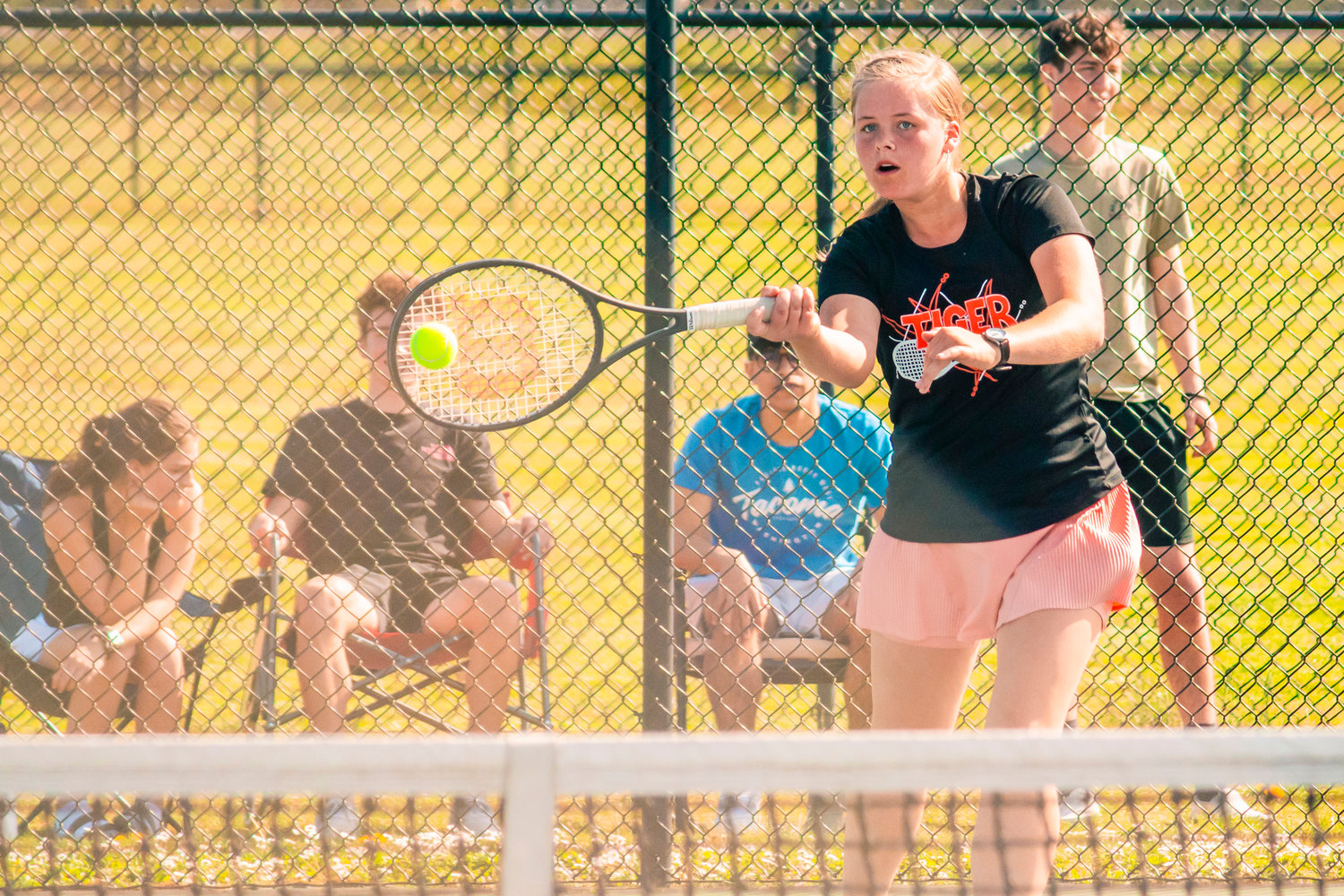 Centralia’s Olivia Wiley hits the tennis ball during a match against Tumwater Wednesday afternoon.