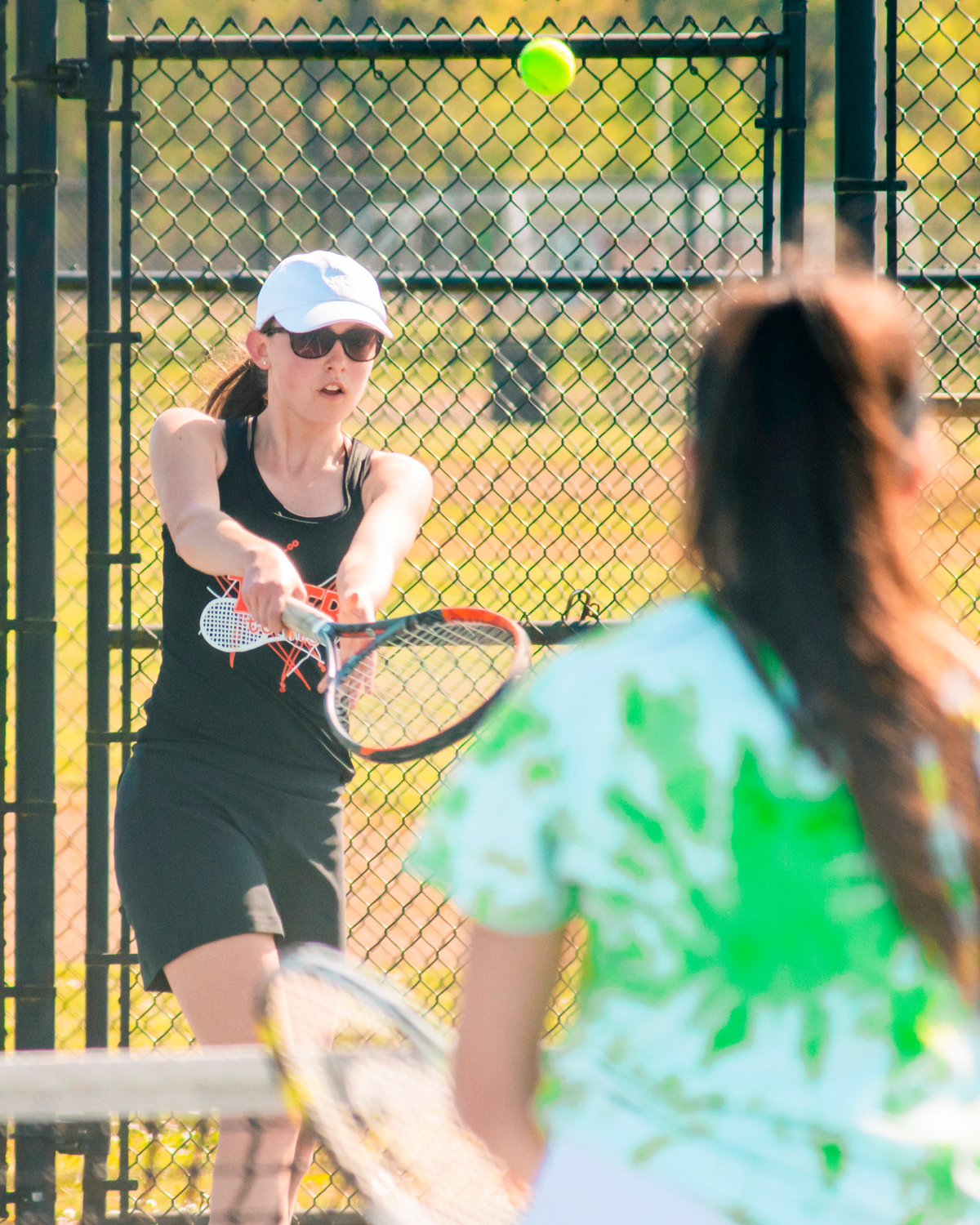 Centralia’s Maya O’Dell makes contact during a tennis match against Tumwater Wednesday afternoon.