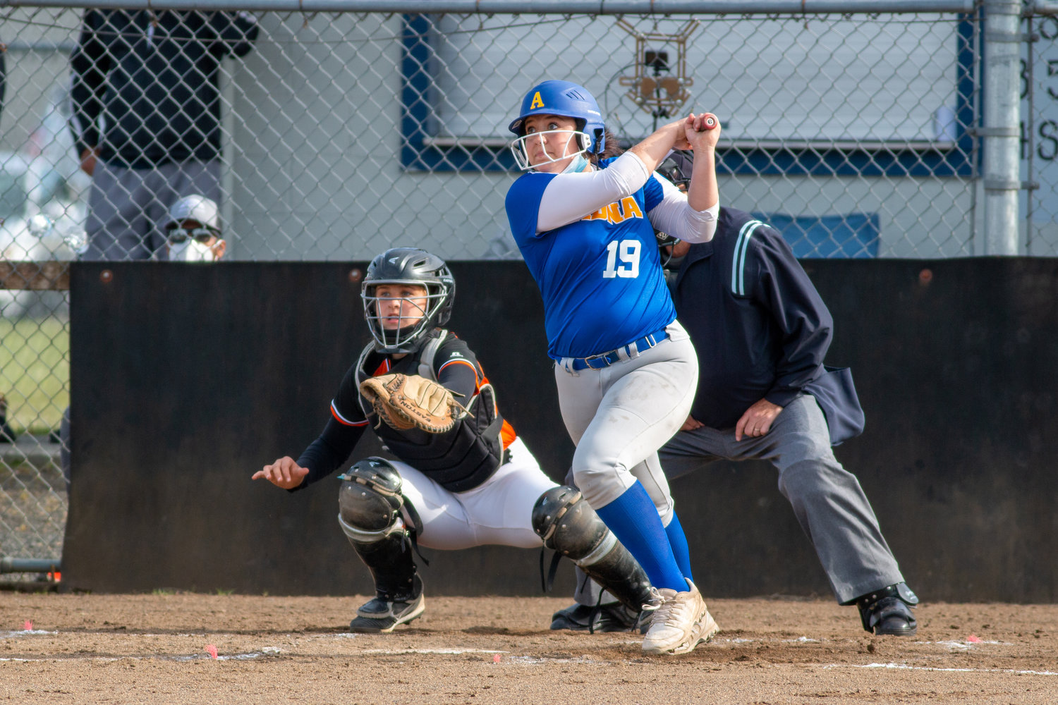 Adna's Kaylee Ashley connects on a Rainier pitch on Tuesday.
