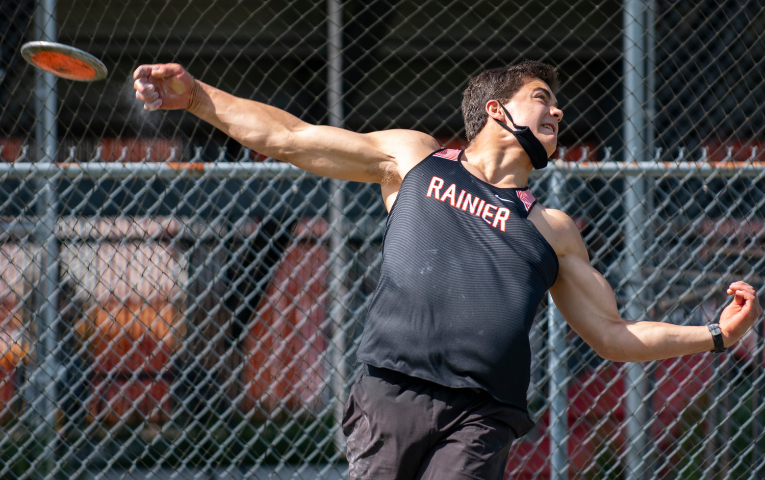Rainier junior Jeremiah Nubbe uncorks a throw in the boys discus at the 2B District 4 Track and Field Championships on April 29, 2021.