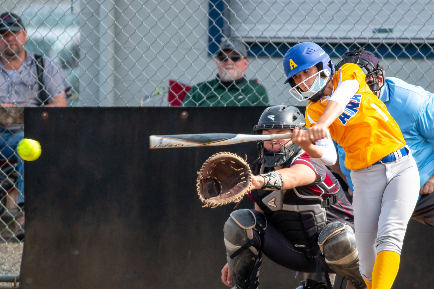 Adna's Brooklyn Loose connects on an Ocosta pitch on Thursday in the district semifinals at home.