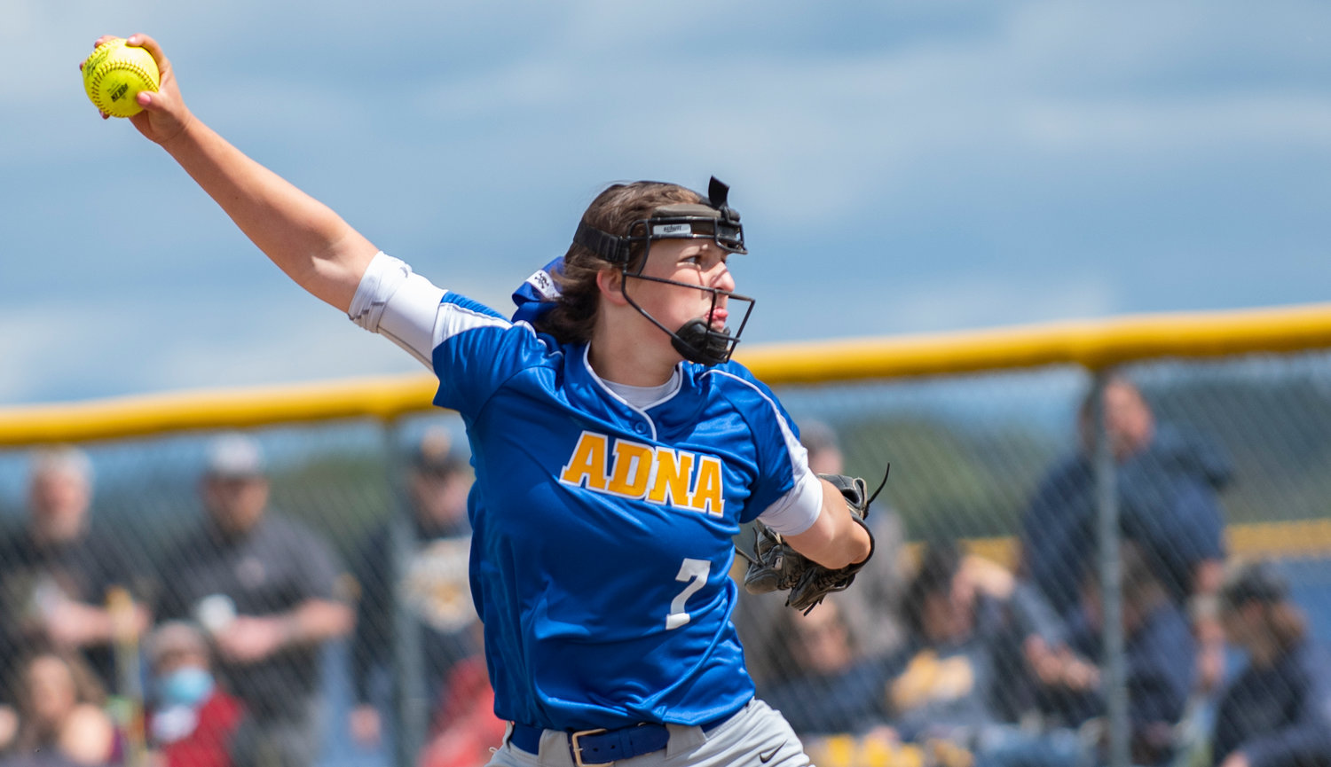 Adna senior ace Haley Rainey winds up to deliver a pitch to a Forks batter on Saturday.