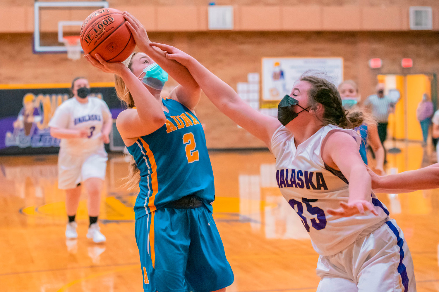 Adna’s Summer White (2) is fouled while shooting during a game against Onalaska on Thursday.