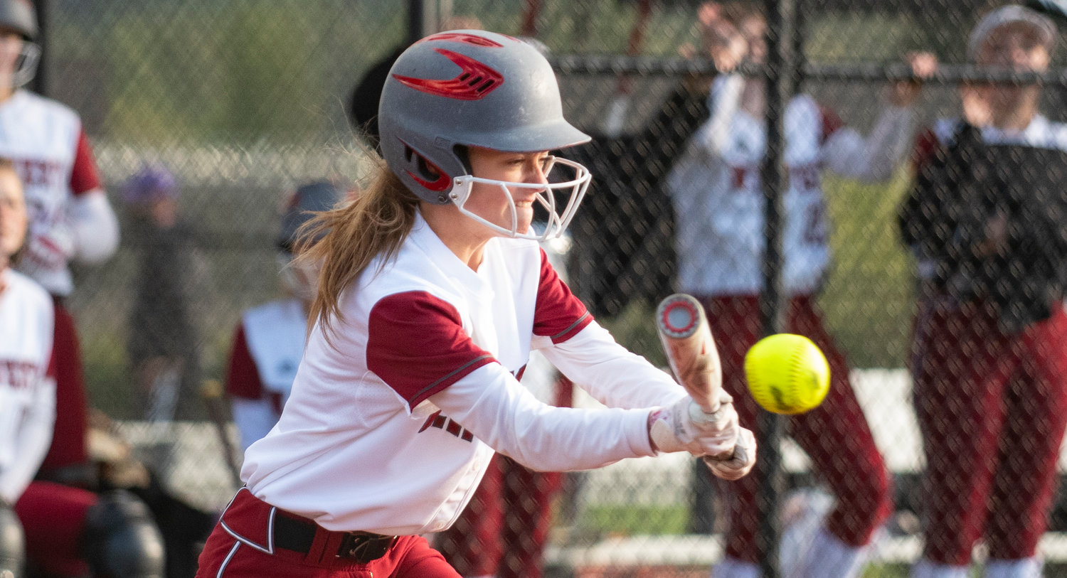 W.F. West sophomore Brielle Etter lays down a bunt to move runners over on Thursday.