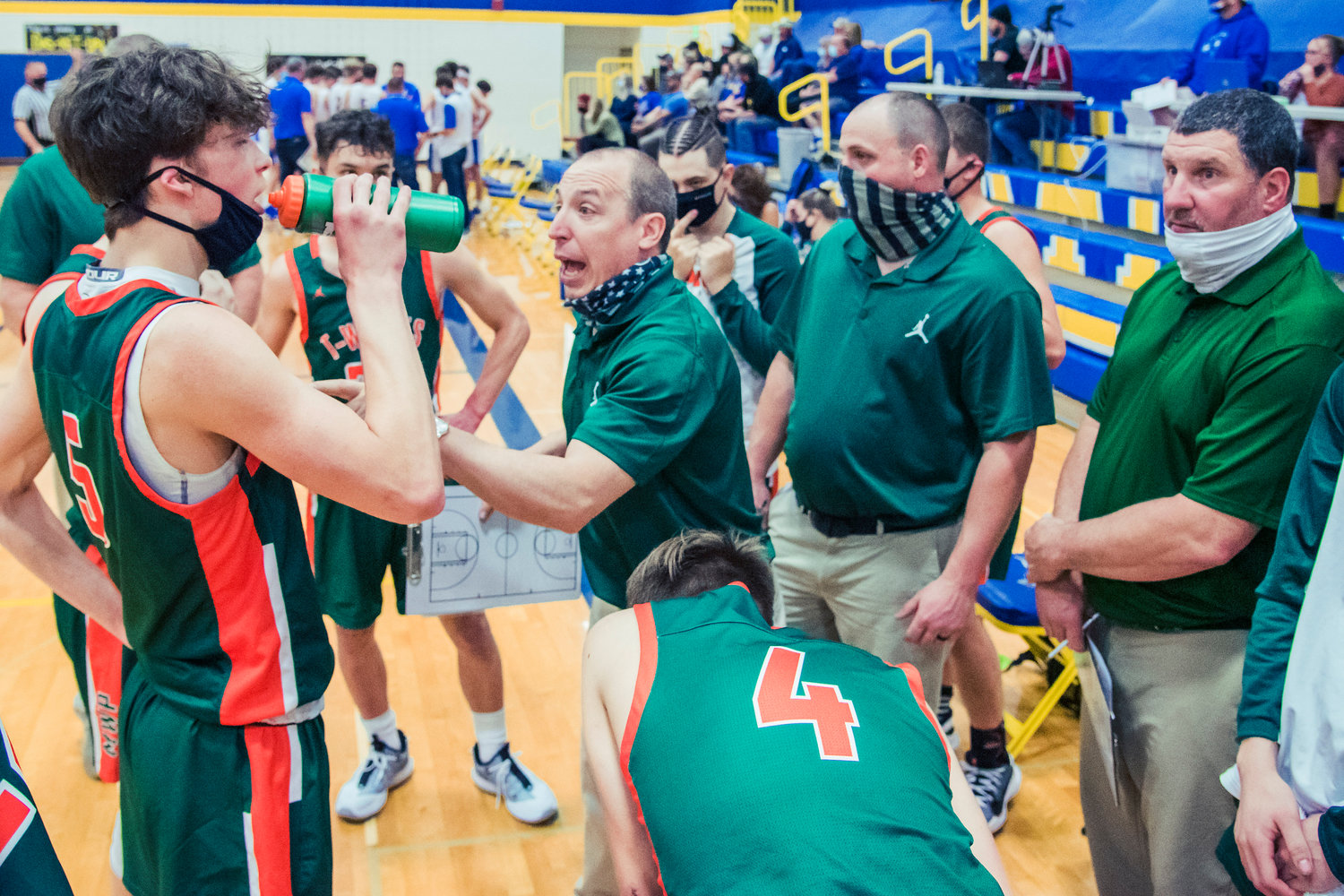 MWP’s Head Coach Chad Cramer talks to players during a game against Adna on Tuesday.