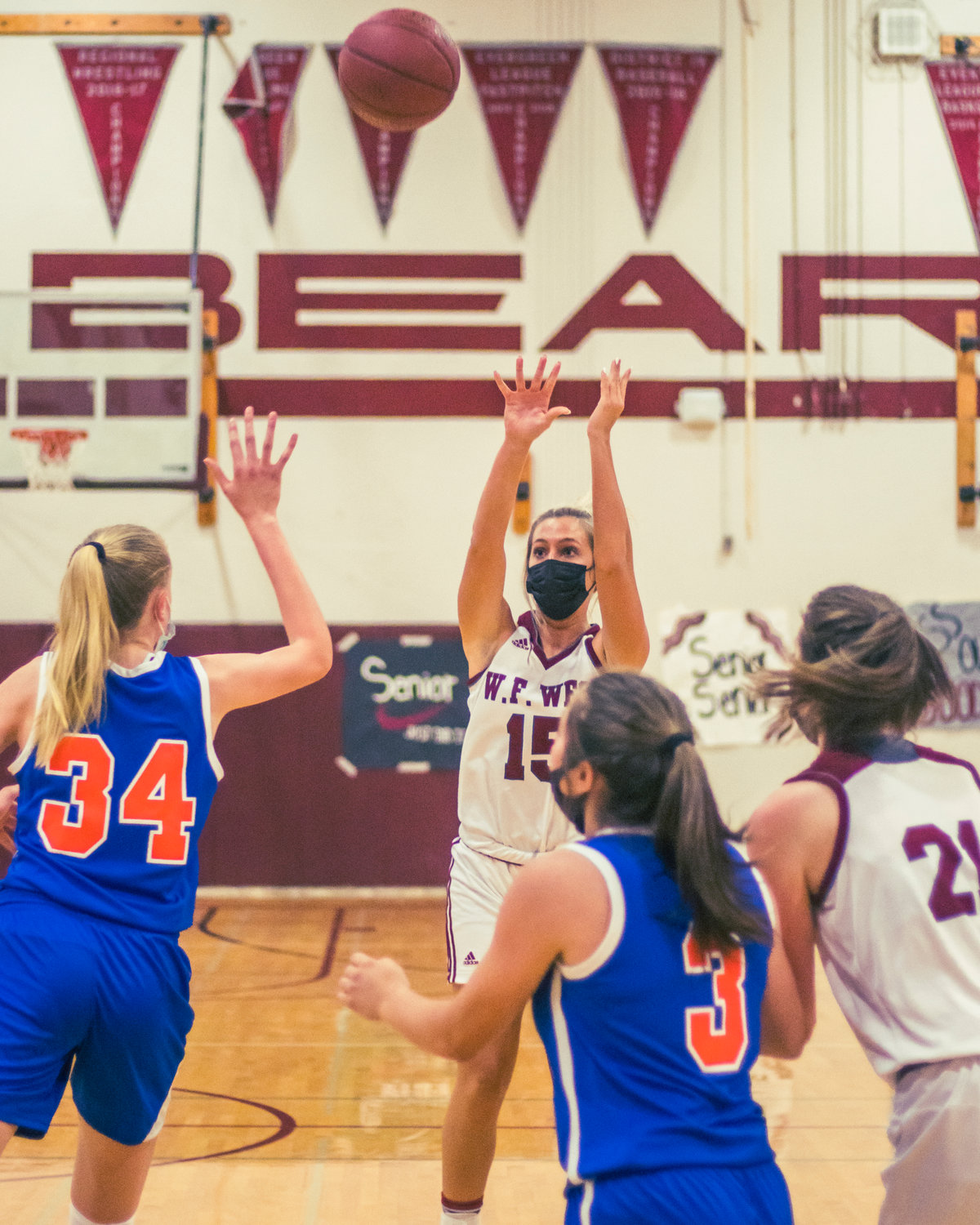 W.F. West's Madi Mencke (15) makes a deep shot during a game against Ridgefield in Chehalis Wednesday night.