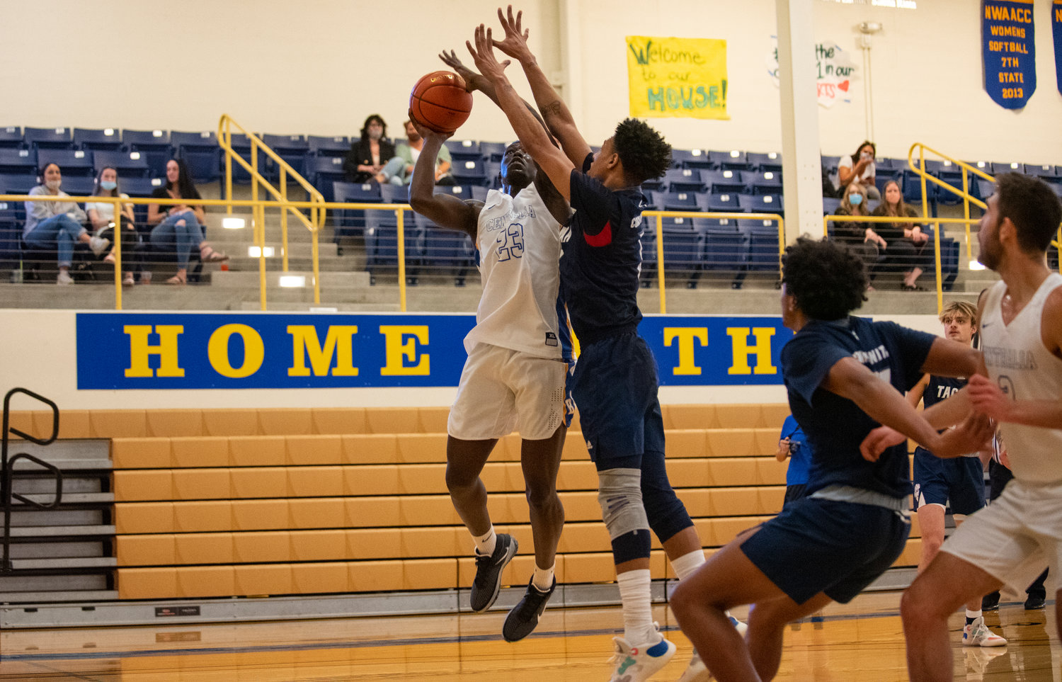 Centralia College sophomore James Harding takes it to the hoop against a Tacoma defender at home on Friday night.