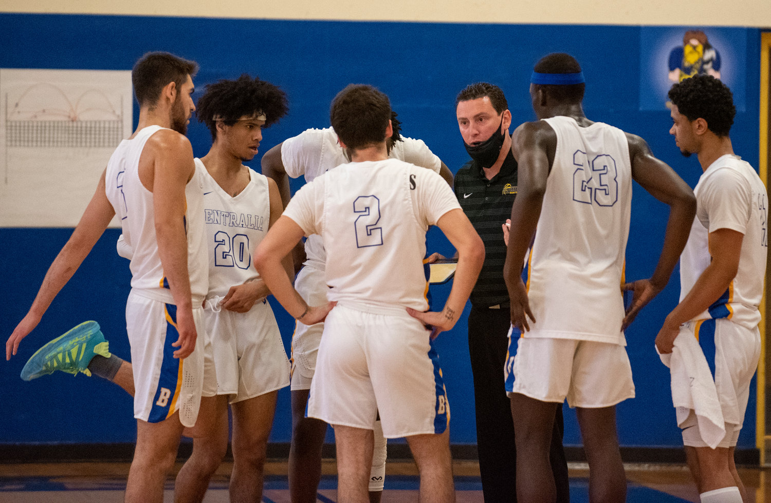 Centralia College coach Jason Moir gives instructions to his team during a timeout on Friday.