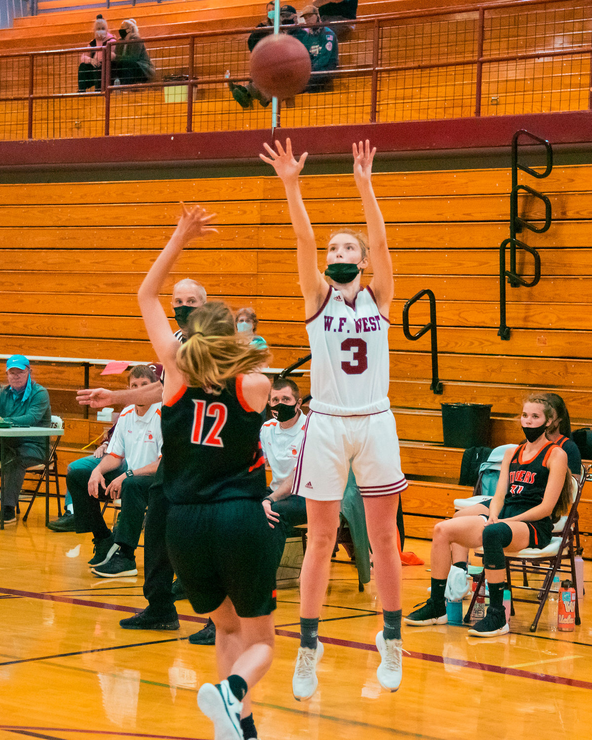 W.F. West’s Lexi Roberts (3) puts up a shot during a game against the Tigers played Monday night in Chehalis.
