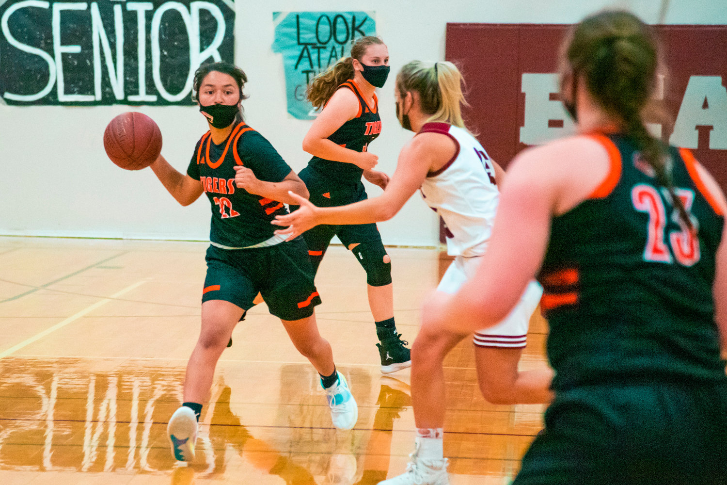 Centralia’s Makayla Aguirre (22) looks to pass during a game against the Bearcats played Monday night in Chehalis.