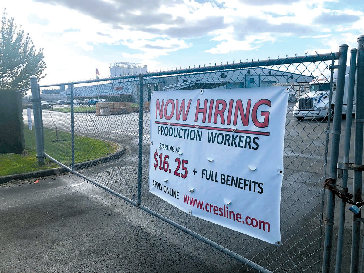 Cresline, a manufacturing business at the Port of Chehalis, has a sign hoping to attract new employees.