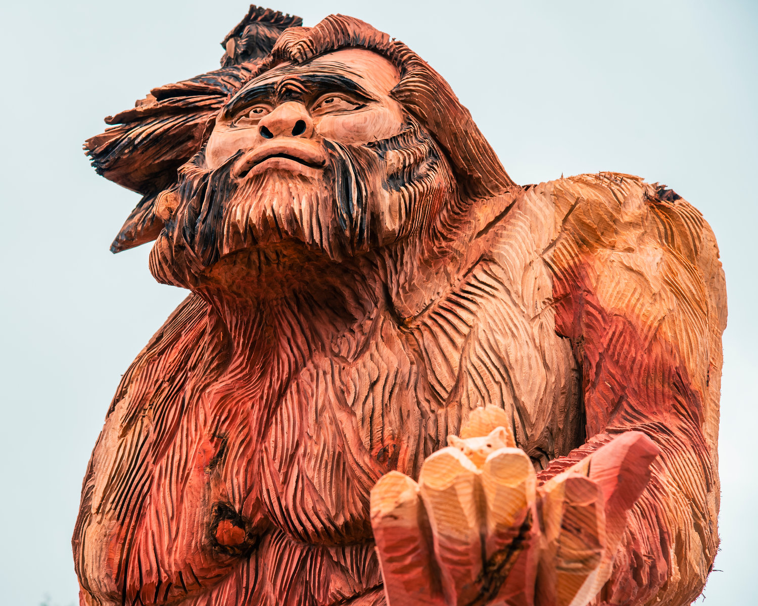 A 17-foot sasquatch carved with chainsaws into a sequoia also features squirrel and owl carvings.