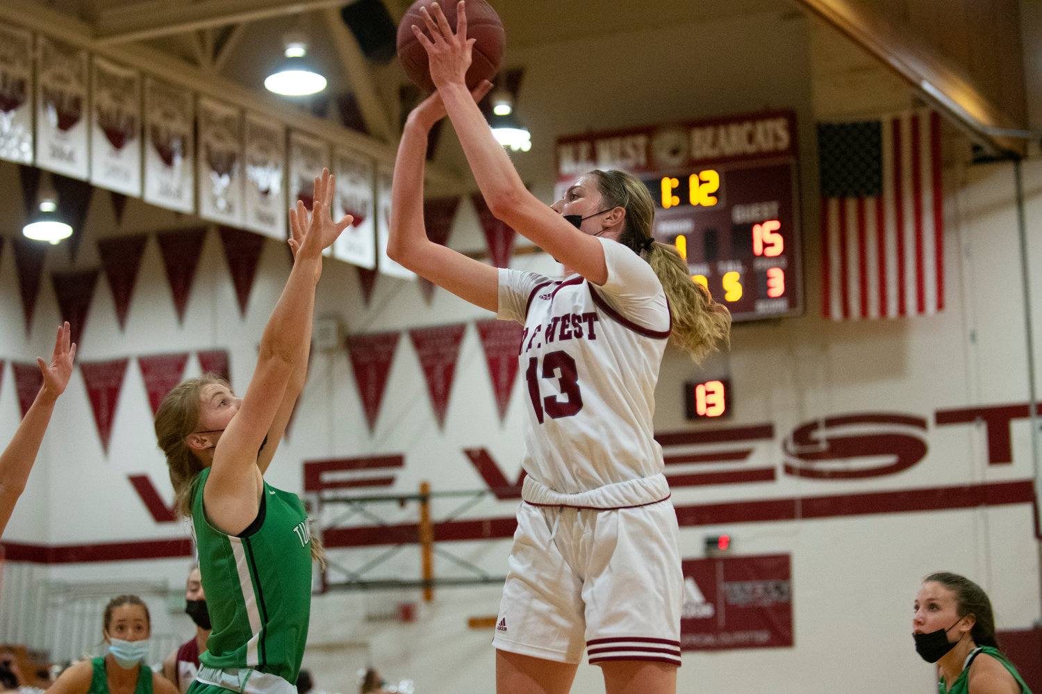 W.F. West junior Drea Brumfield shoots a midrange jumper over a Tumwater defender at home on Monday.