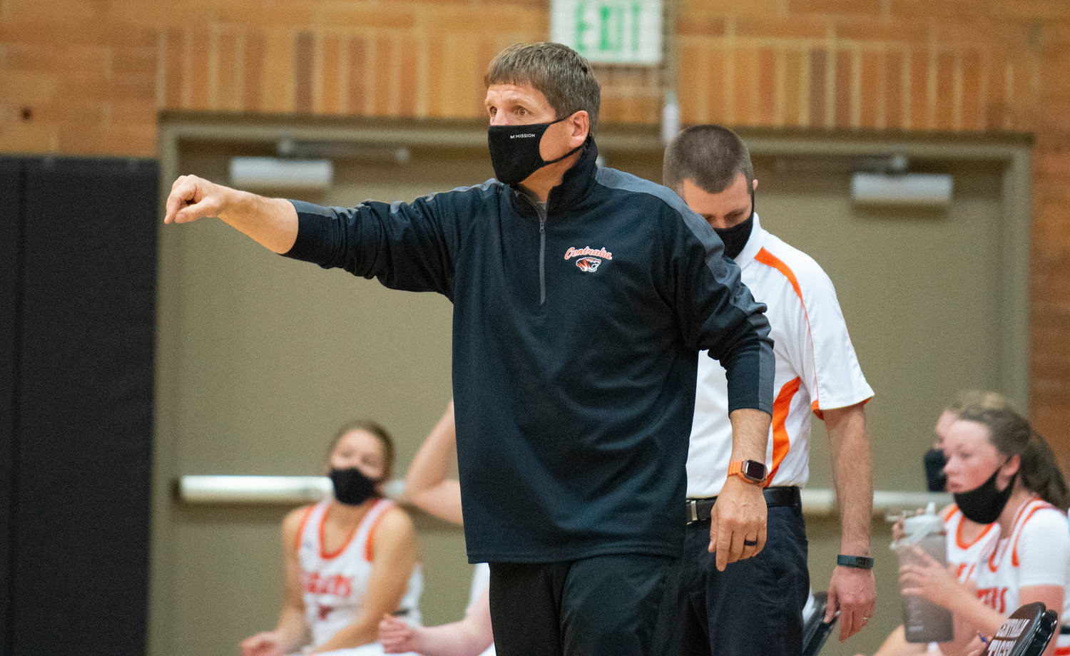 Centralia coach Doug Ashmore calls out instructions to his team during a home game against Tumwater on May 28, 2021.