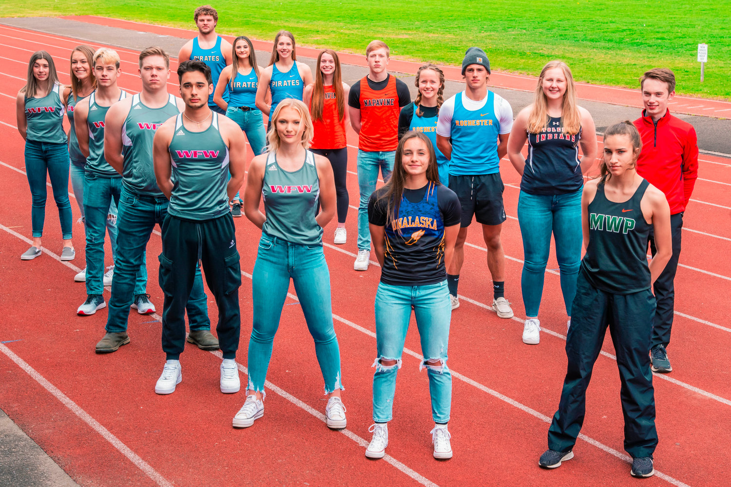 Members of the All-Area Track and Field team pose for a photo inside Bearcat Stadium last Sunday in Chehalis. In the back row, from left: Adna’s Lane Baker, Carli Latimer and Faith Wellander; Napavine’s Vannie Fagerness and Lucas Dahl; Rochester’s Lily Morgan and Talon Betts; and Toledo’s Stacie Spahr and Nicholas Marty. In the front row, from left: W.F. West’s Elaina Koenig, Kyla McCallum, Seth Hoff, Bryson Boyd, Connor Russell, and Gracie Ericson; Onalaska’s Brooklyn Sandridge; and MWP’s Jordan Koetje.