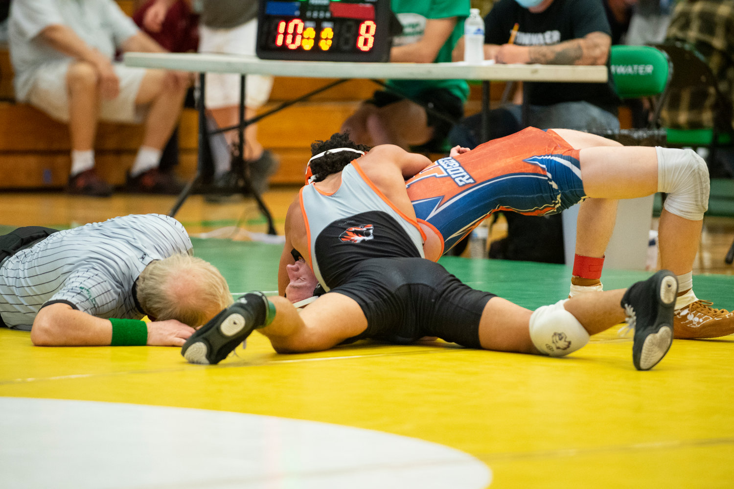 Centralia's Jamal Waterman pins a Ridgefield opponent in the third round of his opening match in the 126-pound division Tuesday at the 2A District 4 Tournament in Tumwater.