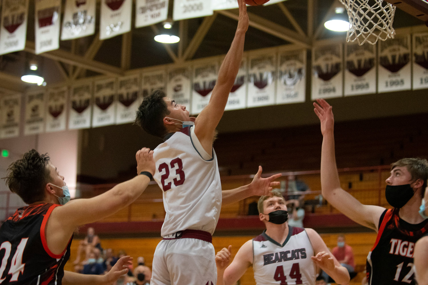 W.F. West point guard Gabe Cuestas leaps for a layup against Centralia on Wednesday.