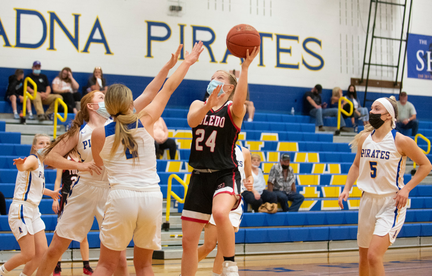 Toledo senior Greenlee Clark (24) shoots over two Adna defenders on the road Thursday in 2B Central League action.