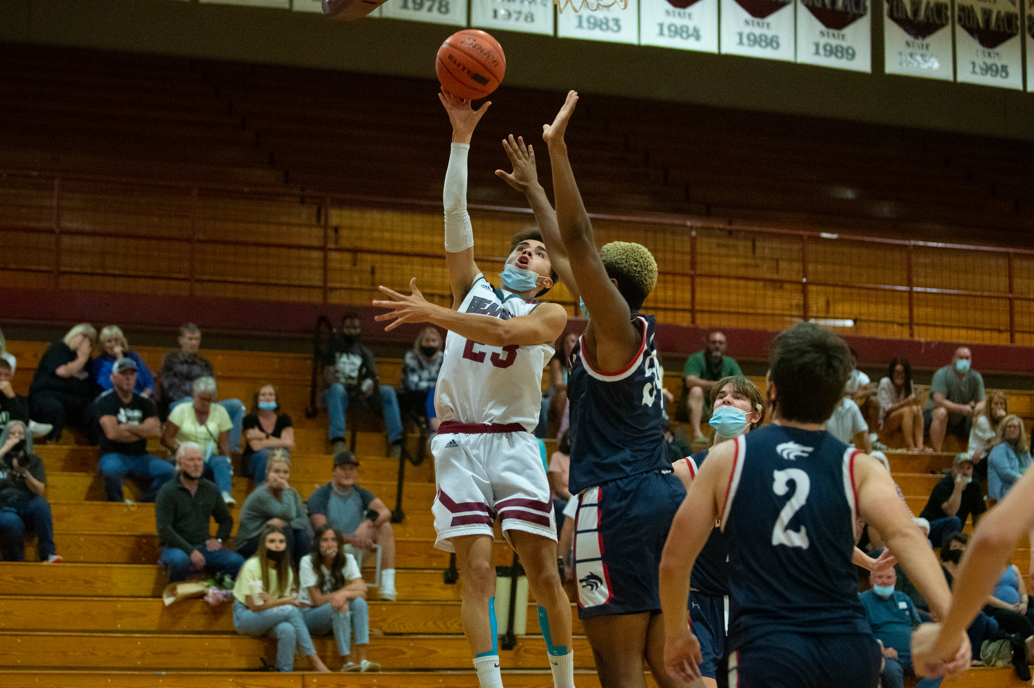 W.F. West senior Gabe Cuestas (23) throws up a floater against Black Hills on Friday.