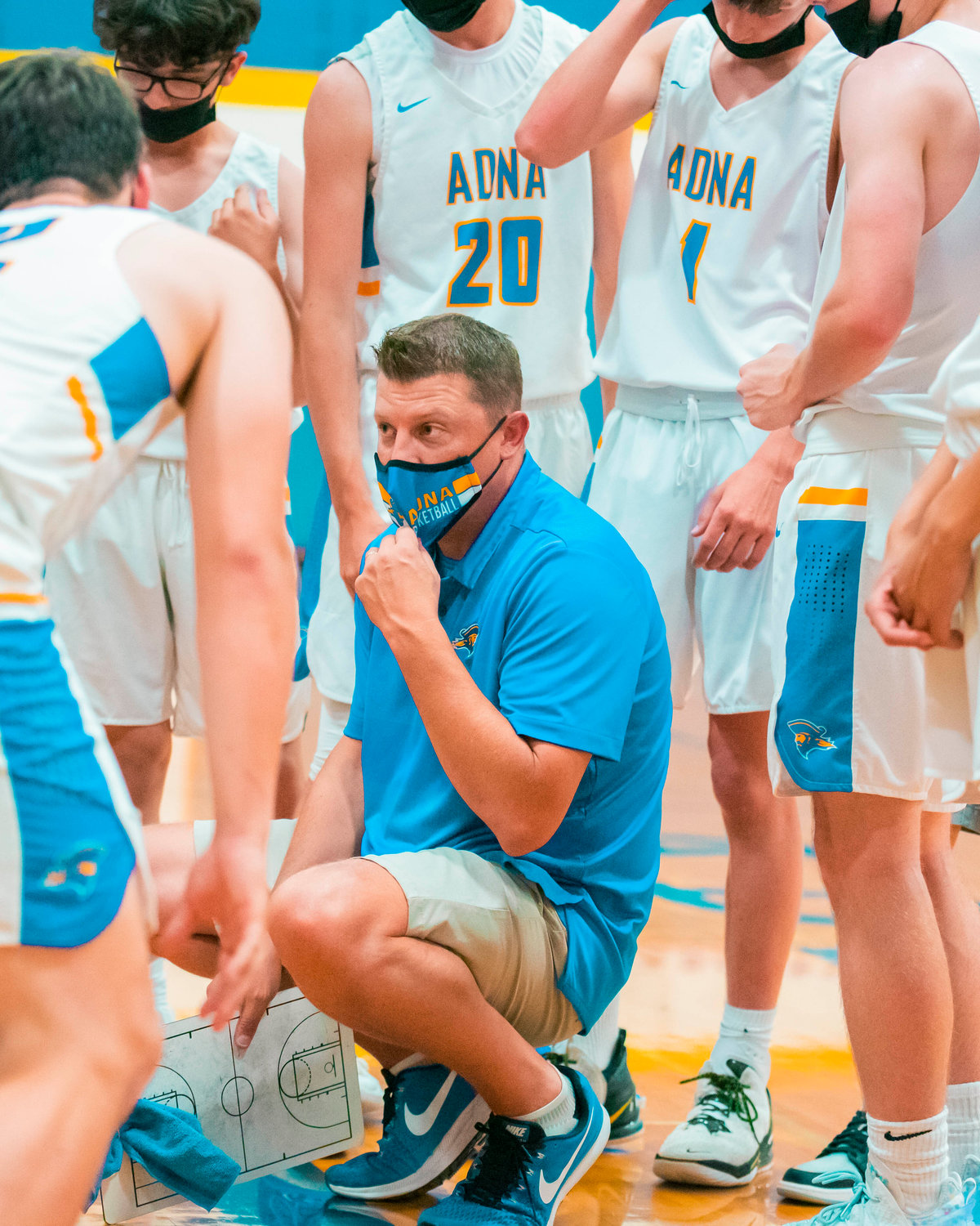 Adna’s Head Coach Luke Salme talks to players during a game on Friday.