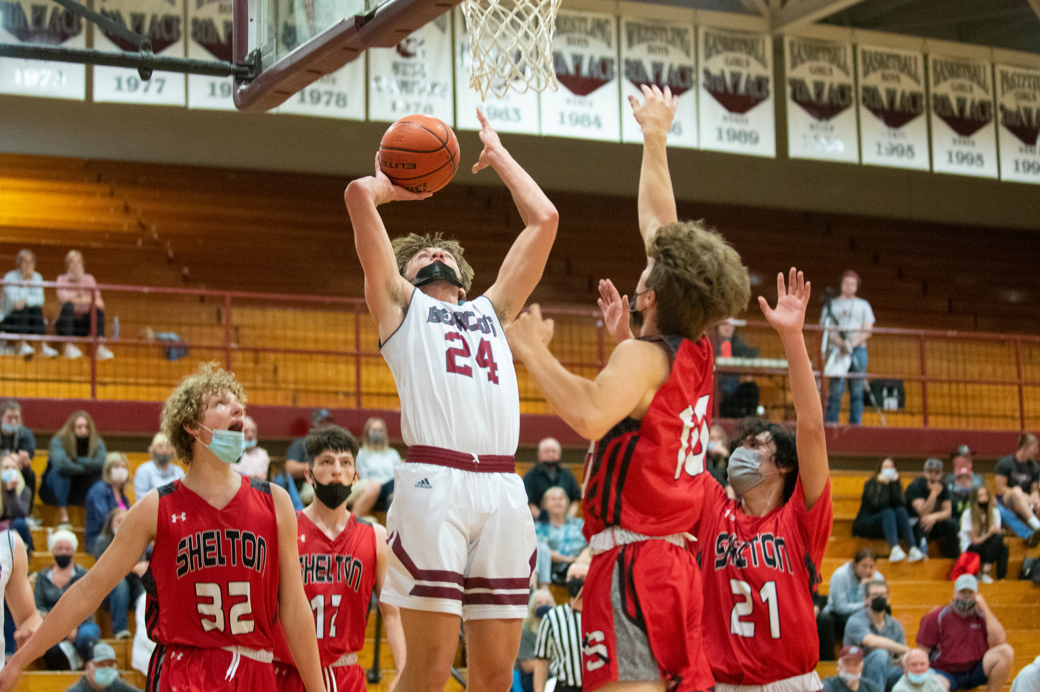 W.F. West senior Carter McCoy puts up a shot in the paint against Shelton on Tuesday.