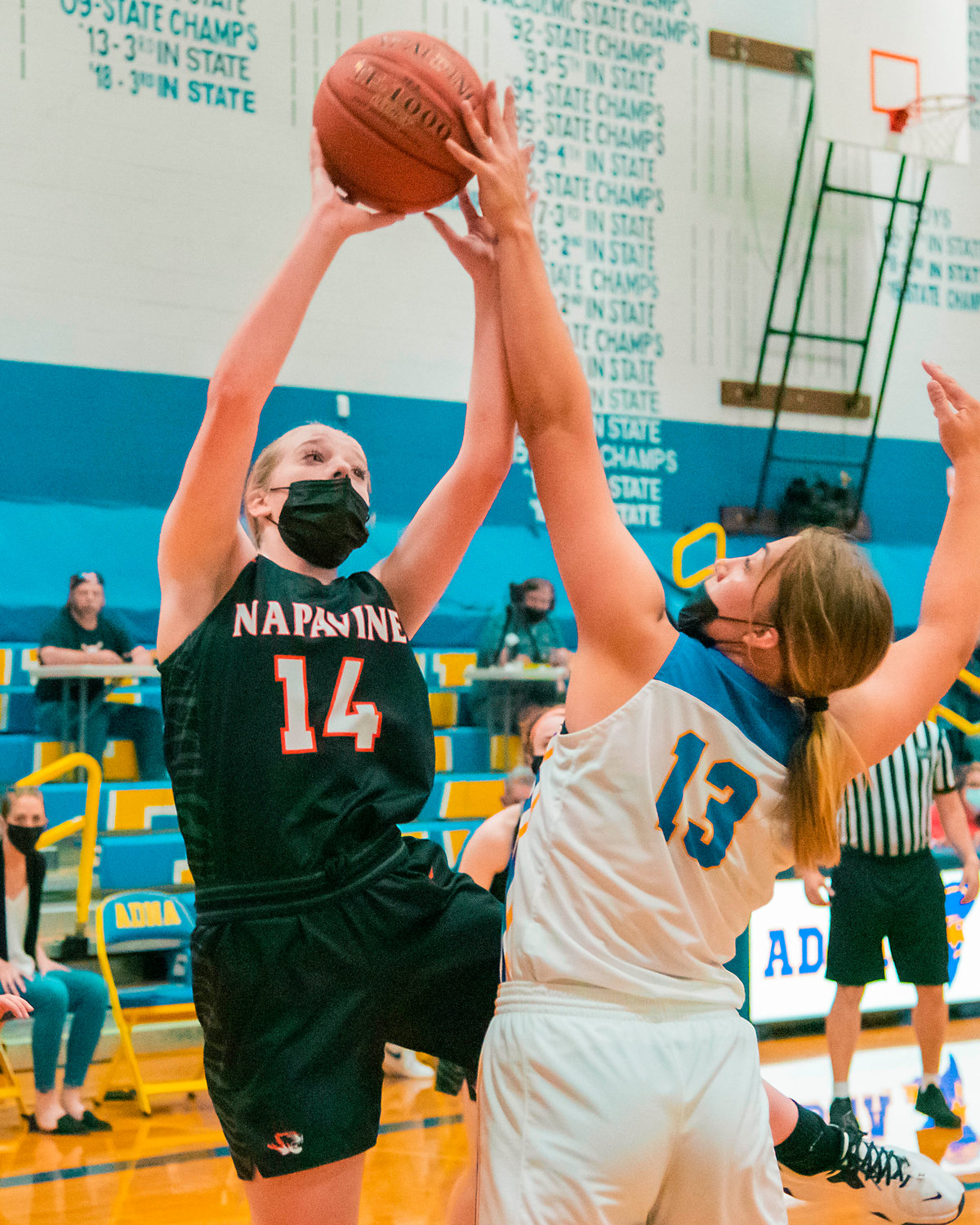 Napavine’s Grace Gall (14) attempts to shoot over Adna’s Karlee VonMoos (13) during a game on Tuesday.