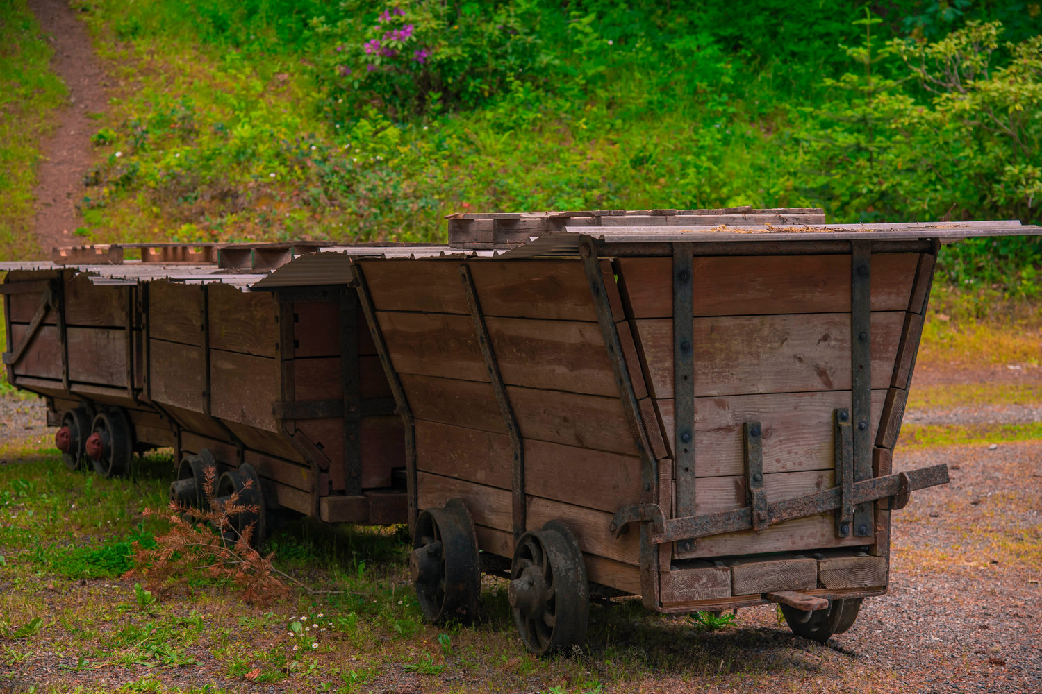 Mine carts sit on display outside the Tenino Depot Museum on Tuesday.