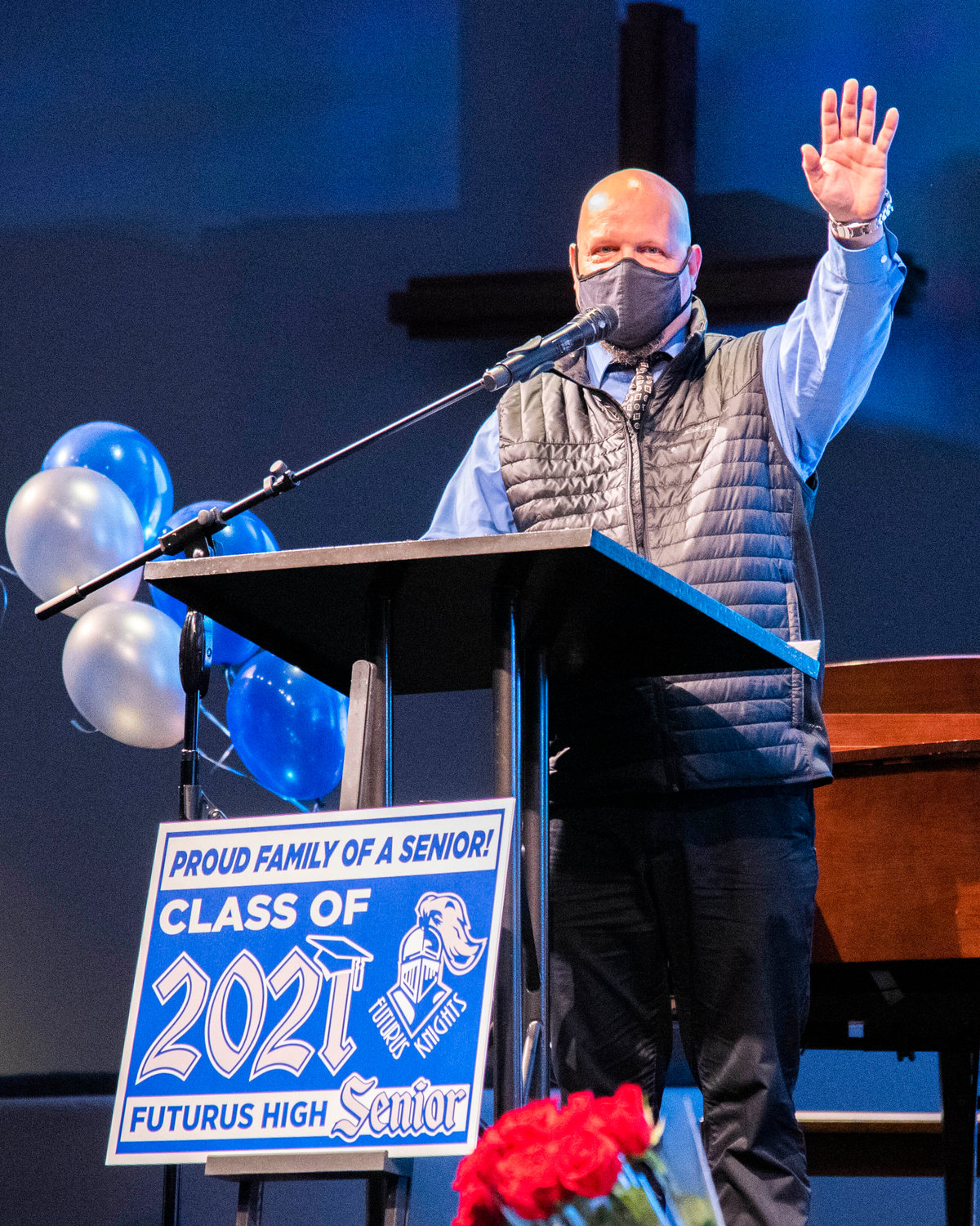 Futurus High School Principal James Bowers speaks from a podium during a graduation ceremony in Centralia Tuesday night.