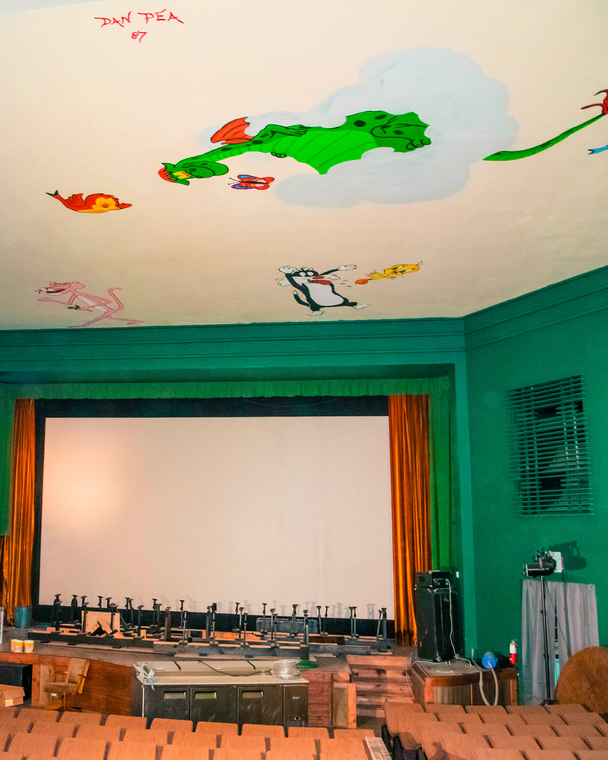 Illustrations on the roof will be painted over during renovations at the Chehalis Theater.