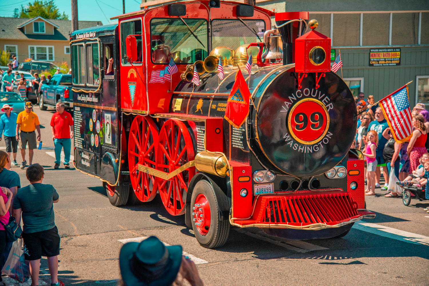 A float resembling a train engine rolls through Winlock during the Egg Days parade on Saturday.