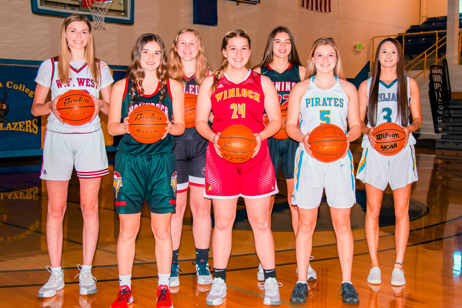 The Chronicle's 2021 All-Area Girls Basketball Team. From left, W.F. West's Drea Brumfield; Mossyrock's Payton Torrey; Toledo's Stacie Spahr; Winlock's Addison Hall; Tenino's Ashley Schow; Adna's Kaylin Todd; and Pe Ell's Annika Mason.