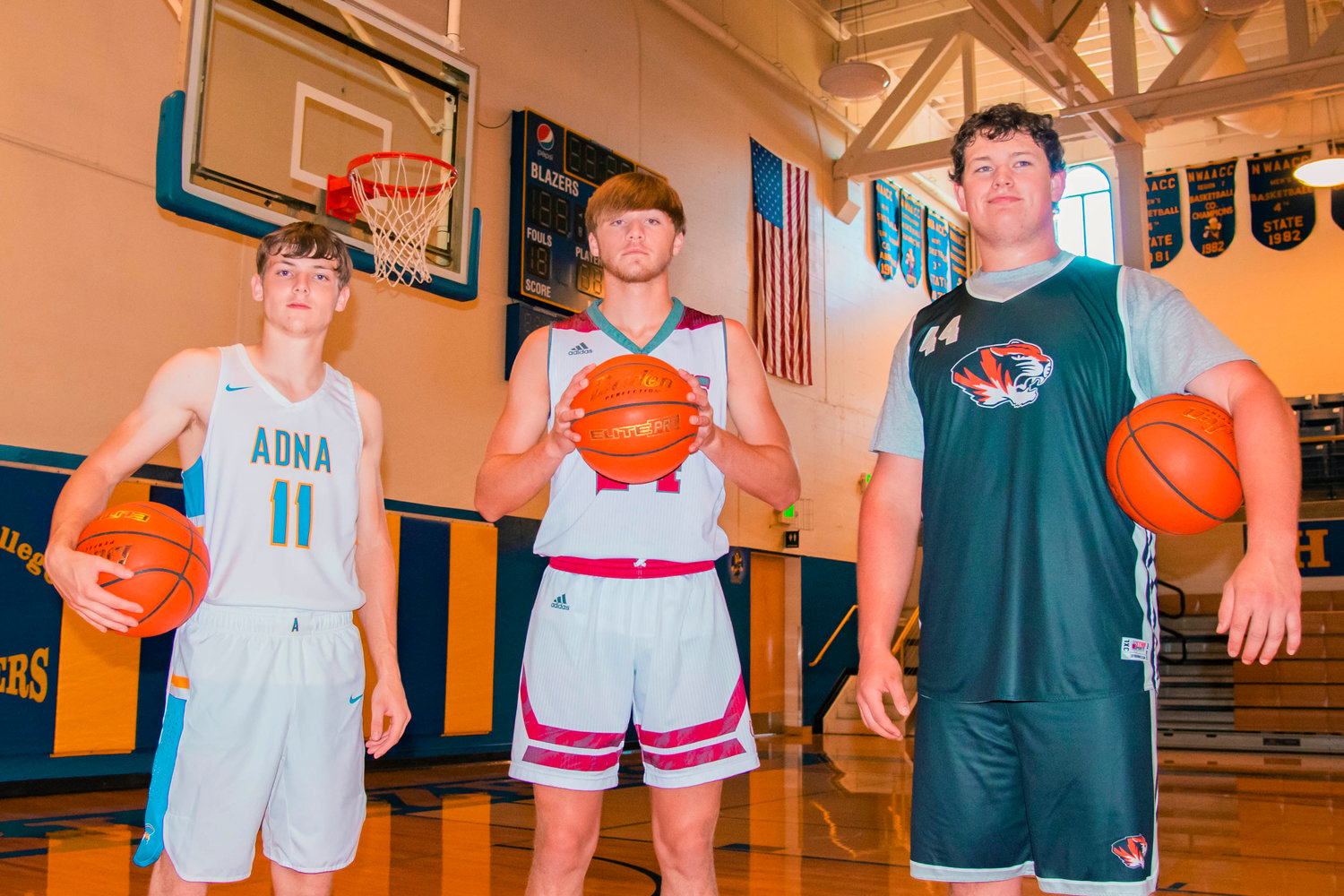 Three of the seven members of The Chronicle's All-Are Boys Basketball Team, from left, Adna's Chase Collins, W.F. West's Carter McCoy and Napavine's Keith Olson.