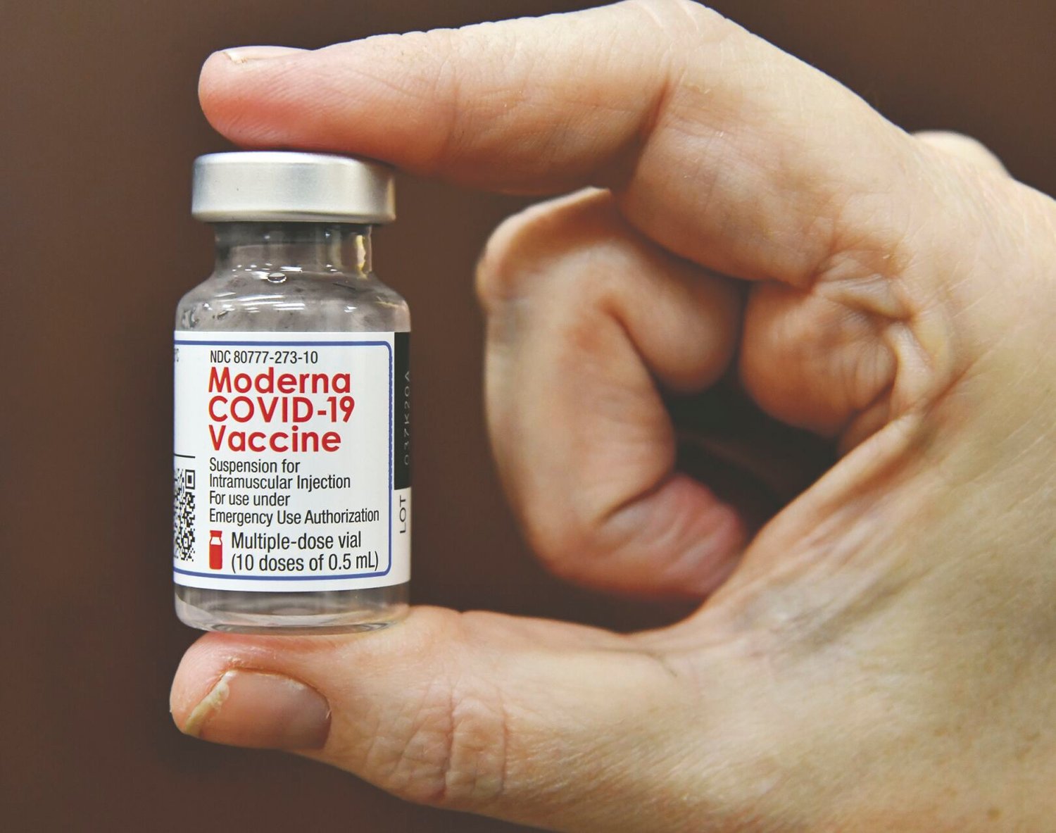 A multiple-dose vial of the Moderna COVID-19 vaccine is pictured.