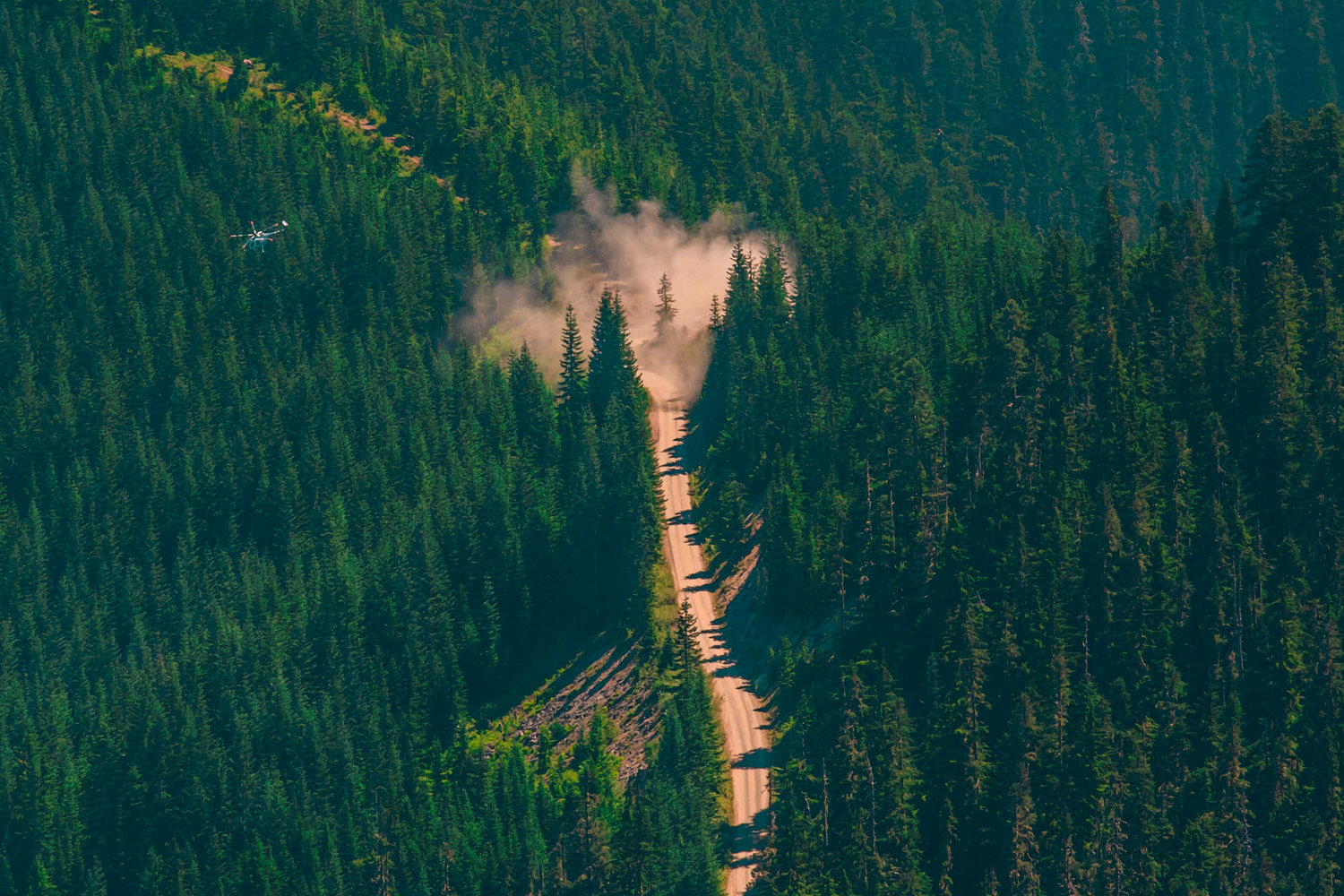 A cloud of dust consumes the roadway as a helicopter takes off near the High Rock Lookout trailhead Tuesday in the Gifford Pinchot National Forest.