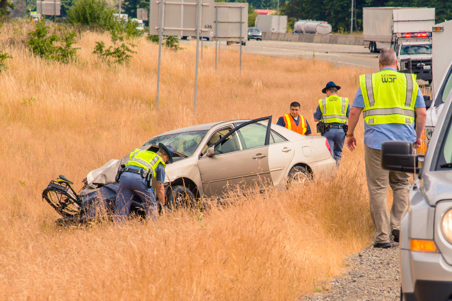 Washington State Patrol responds to the scene of a fatal crash on the southbound exit ramp of Interstate 5 at milepost 88 near Grand Mound Thursday morning.
