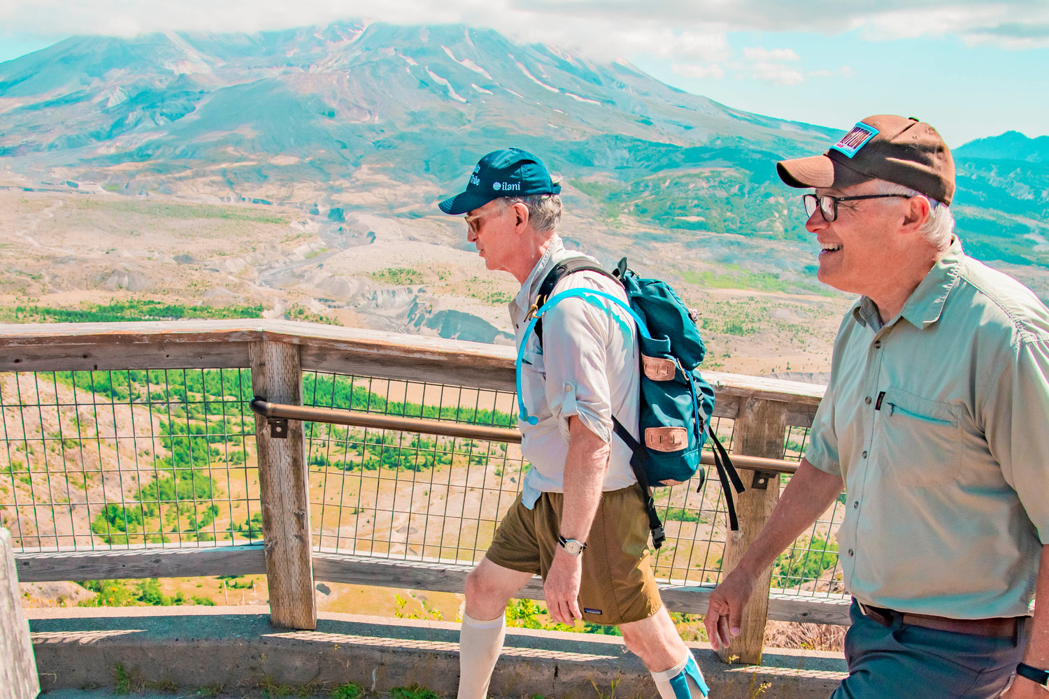 Bill Nye and Jay Inslee walk up Johnston Ridge in front of Mount St. Helens Thursday during a visit talking about climate change and public health.