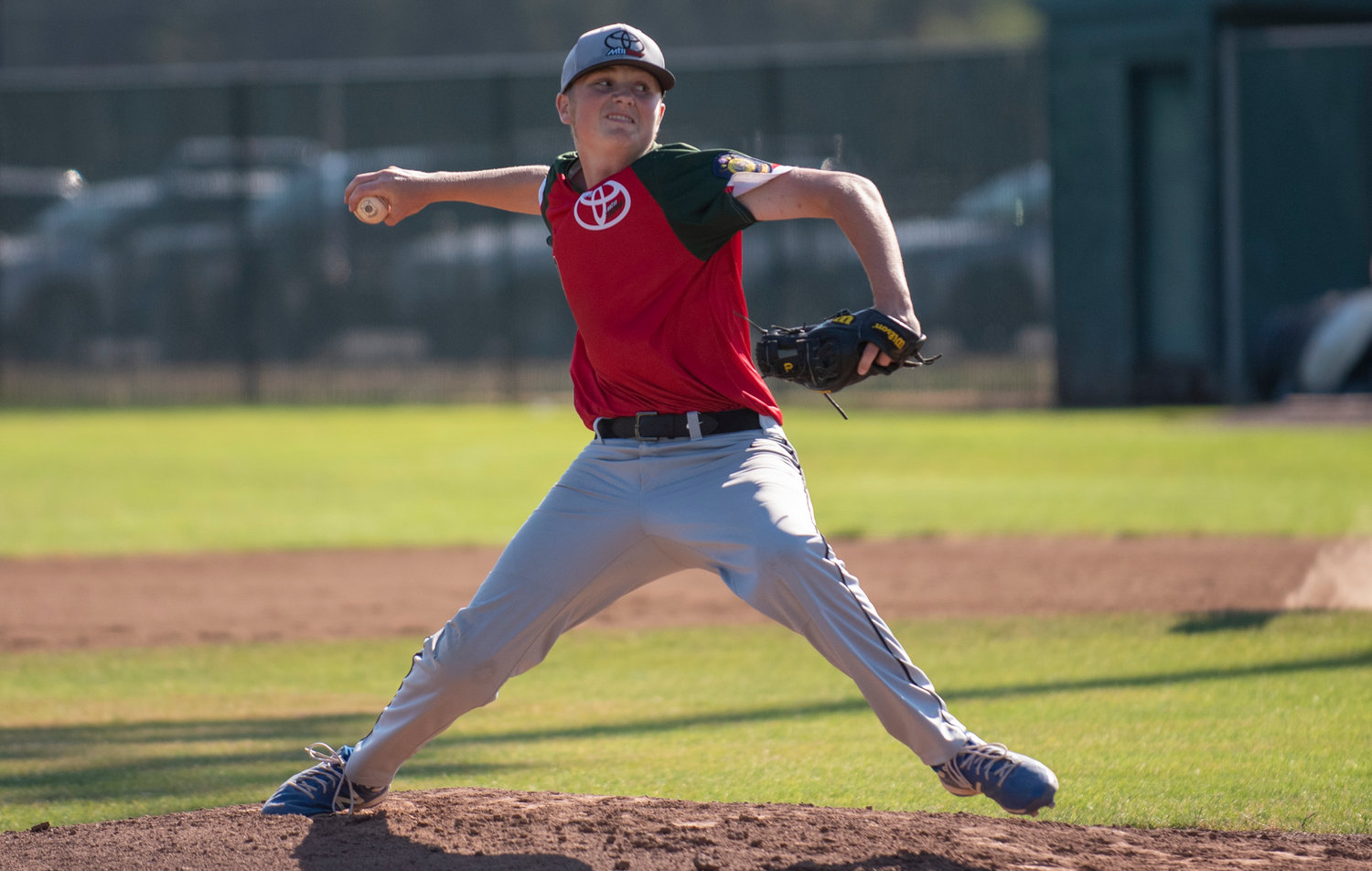 I-5 Toyota/Mountain Dew’s Hyde Parrish (20) delivers a pitch to Lower Columbia Baseball Club in senior legion action Tuesday at Ed Wheeler Field.