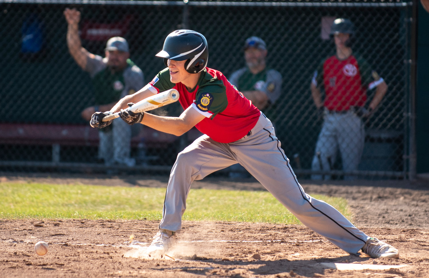 I-5 Toyota/Mountain Dew’s Lethon Fitch lines up a bunt against Lower Columbia Baseball Club on Tuesday at Ed Wheeler Field.