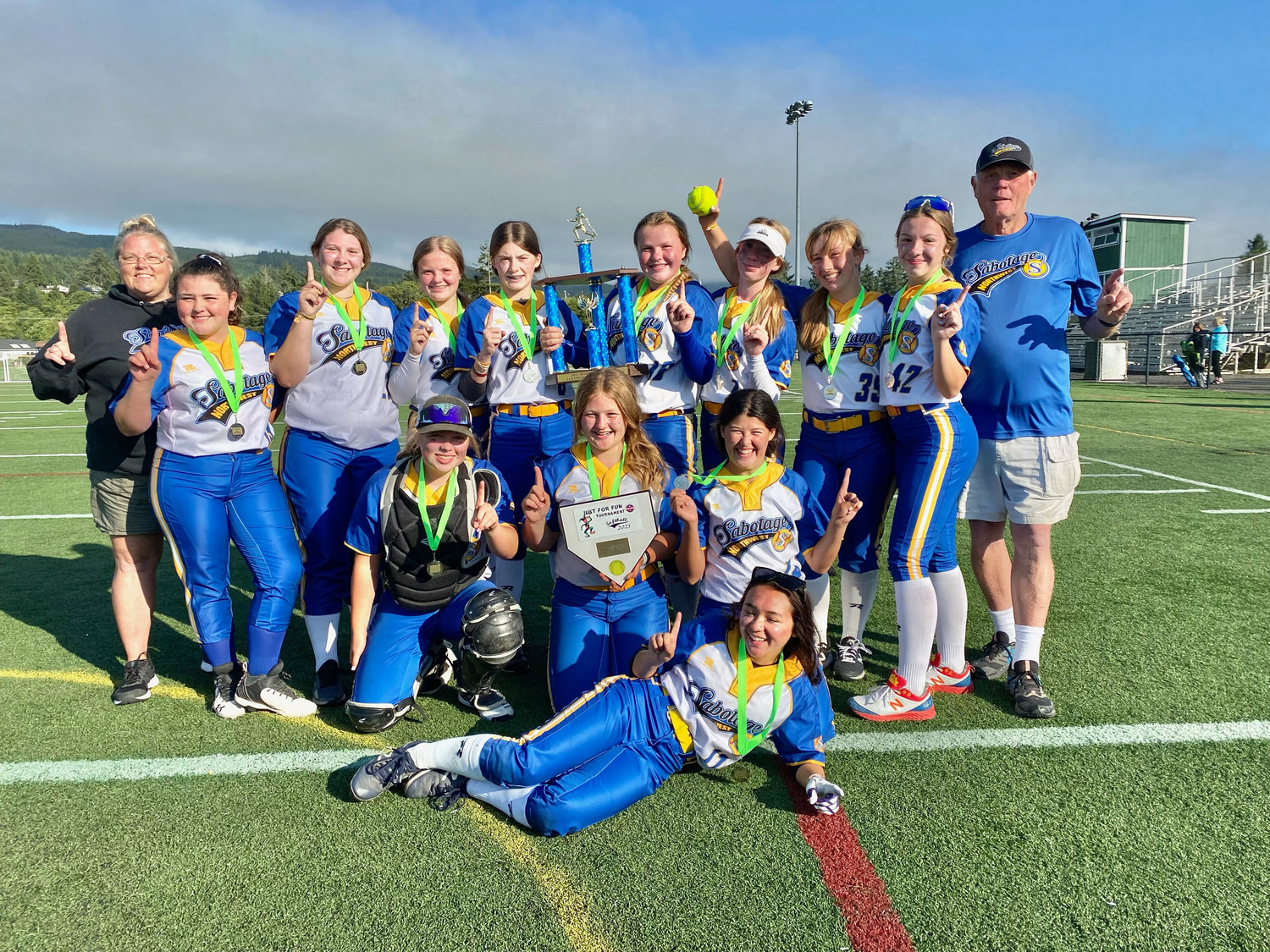 Sabotage NW U14 Baumel Fast Pitch captured the championship in the “Just For Fun tournament July 10 and 11 in Seaside, Oregon. The team went 5-0 and only allowed two errors all weekend..Front row: Sophia Wiggs. Middle row, from left, Maddison Fox, Chloe Bonomi and Jordan Billie. Back row, from left, coach Shannon Baumel, Jordyn Preston, Sophia Milanowski, Brooklyn Sprague, Kylee Lyons, Payton Baumel, Ava Rodman, Makenzie Erickson, Hollynn Wakefield and coach Ken Sack.