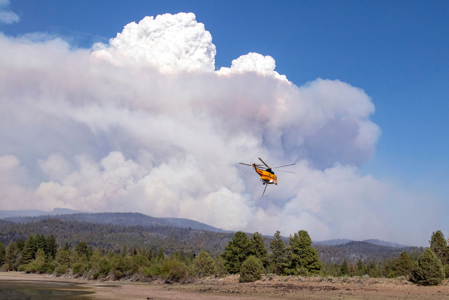 A helicopter flies with a load of water to the Bootleg Fire, 27 miles northeast of Klamath Falls, near Bly, Oregon on July 15, 2021. - A brutal start to the wildfire season in the western United States and Canada worsened July 15, 2021 as a massive Oregon blaze exploded in dry, windy conditions and a new California blaze threatened communities devastated by the 2018 Camp Fire. The Bootleg Fire located 27 miles northeast of Klamath Falls, Oregon, caught fire nine days ago on July 6, 2021, due to an unknown cause. It is the largest burning wildfire in the United States at 227,234 acres as of July 15, 2021. The fire now stretches for 31 miles and grows between two and three miles a day. According to BLM Fire Mitigation and Education Specialist Ryan Berlin, there are approximately 2000 firefighters combating the Bootleg Fire. The fire is currently at 7% containment.