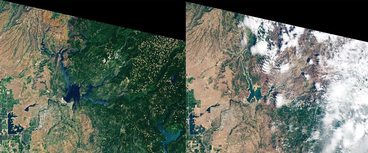 NASA satellite image of Lake Oroville 2019, left, and 2021. (NASA/TNS)