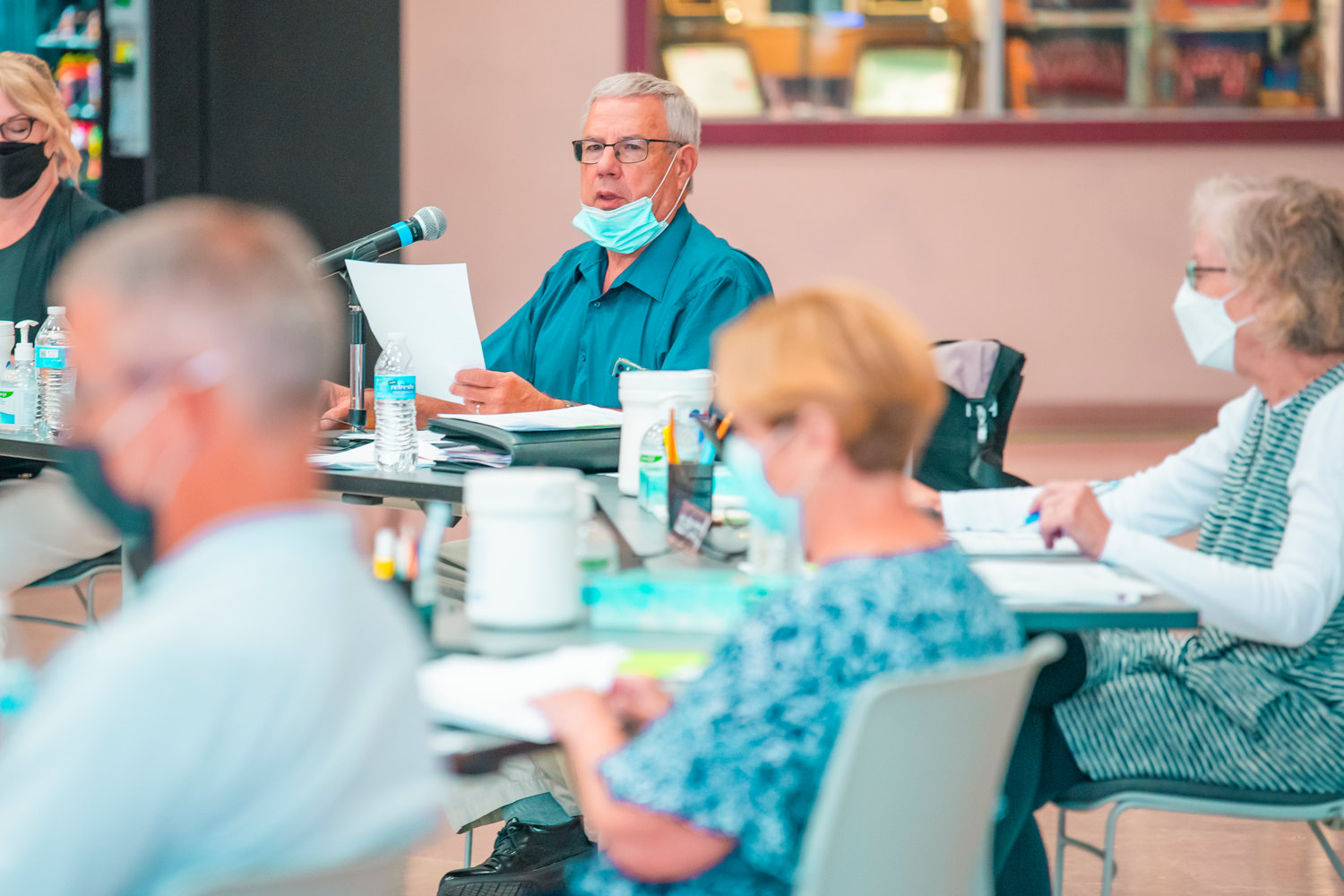 Board President Larry Petersen attempts to move on to another matter during a meeting before community members spoke up following a public comment period at W.F. West Tuesday in Chehalis.