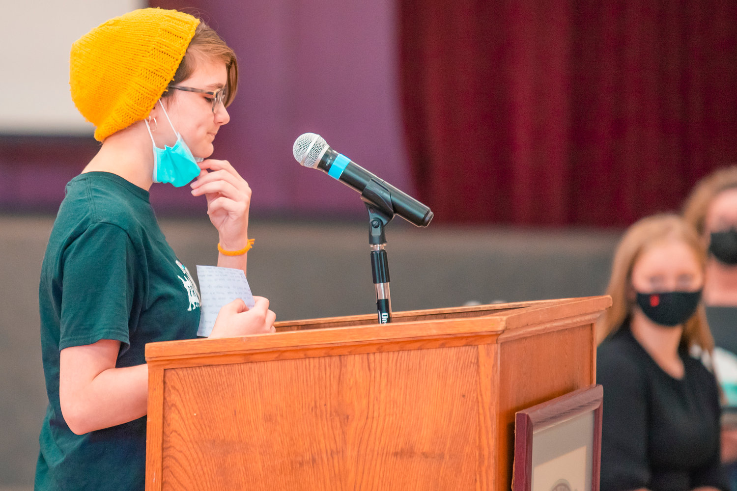 Chloe Phillips makes a speech at W.F. West in support of BP 3211 during a public meeting Tuesday in Chehalis.