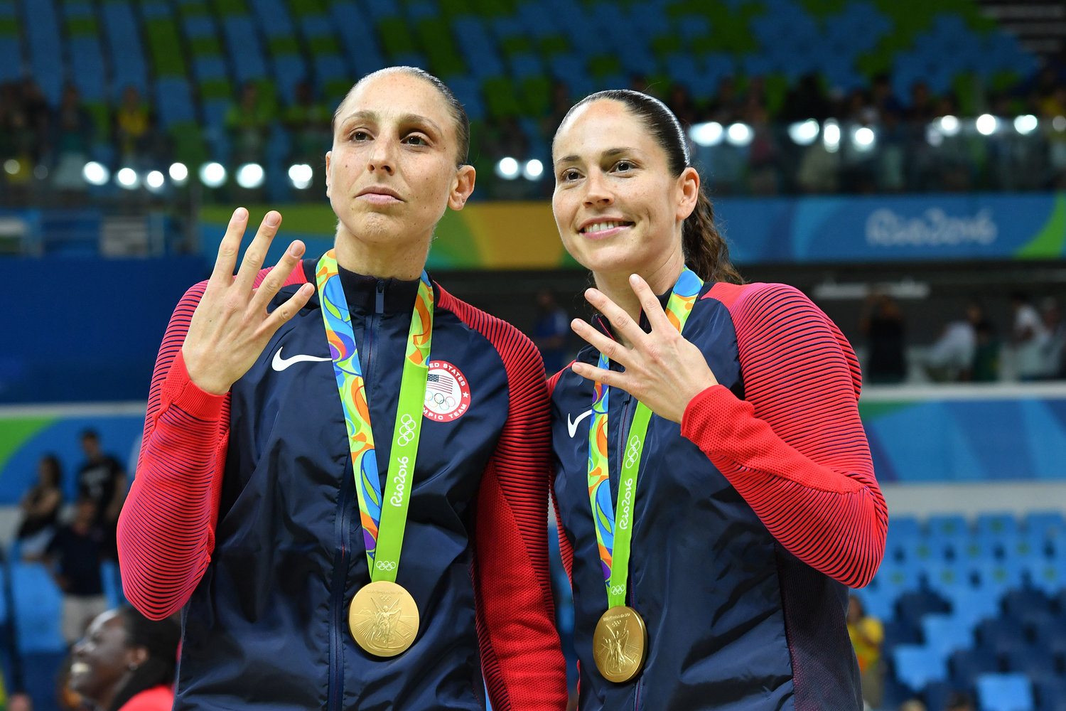 Diana Taurasi, left, and Sue Bird pose with their gold medals after the U.S. women's basketball final during the Summer Olympics at Carioca Arena 1 in Rio de Janeiro on Aug. 20, 2016.