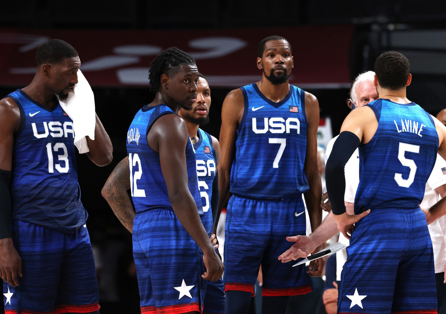 The U.S. men's basketball team during their loss to France at Saitama Super Arena in Tokyo, Japan, Sunday, July 25, 2021.